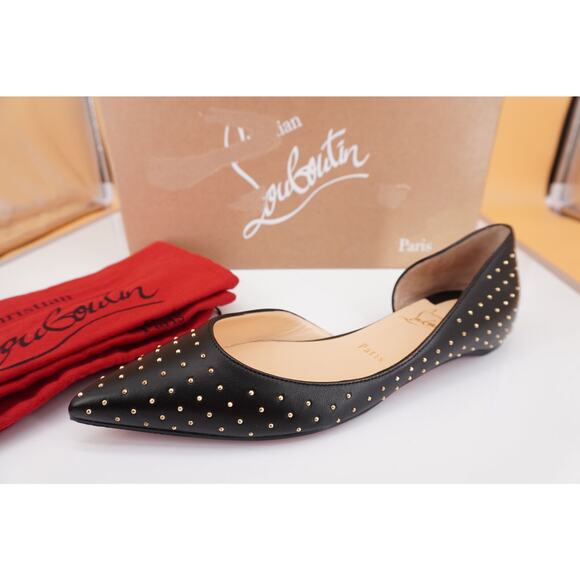 Christian Louboutin Black Leather Iriza Plume Studded d'orsay Flat SZ 38 Pointy - Picture 1 of 10